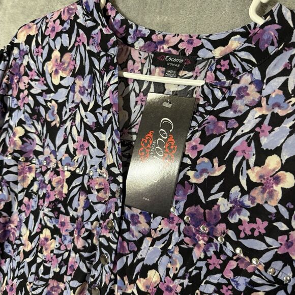 NWT Cocomo Woman Top 1X Roll Tab Sleeves Purple Floral Popover Wrinkle Free Plus - Picture 9 of 10